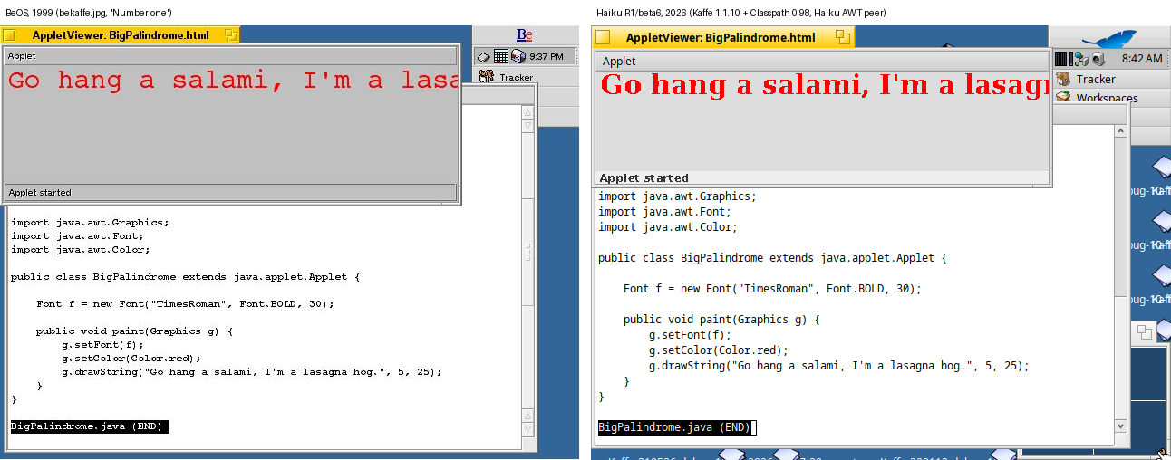 BigPalindrome applet over a terminal on BeOS in 1999 and on Haiku in 2026