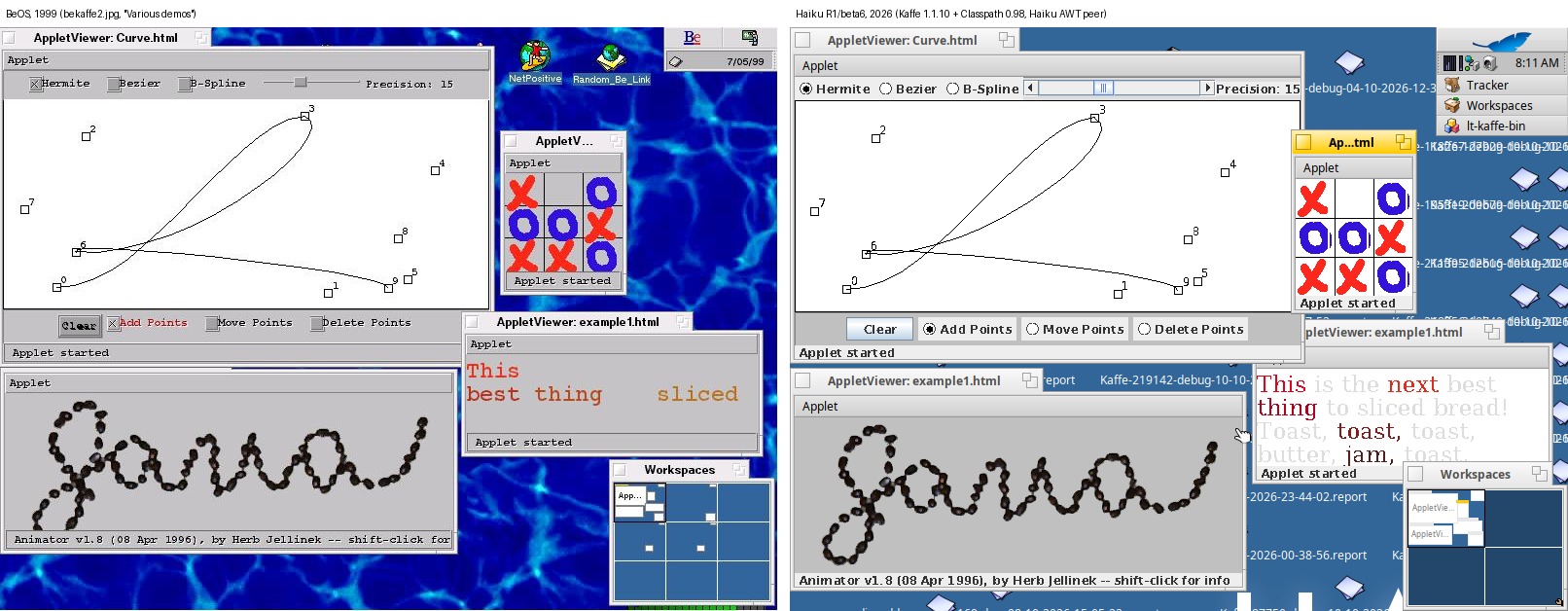 Curve, TicTacToe, Blink and Animator applets on BeOS in 1999 and on Haiku in 2026