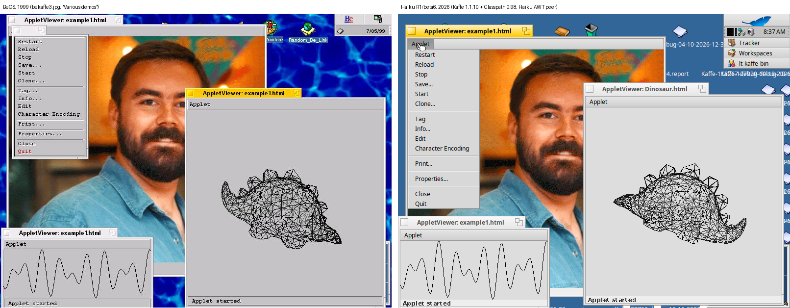 ImageMap with its Applet menu open, WireFrame and SimpleGraph on BeOS in 1999 and on Haiku in 2026