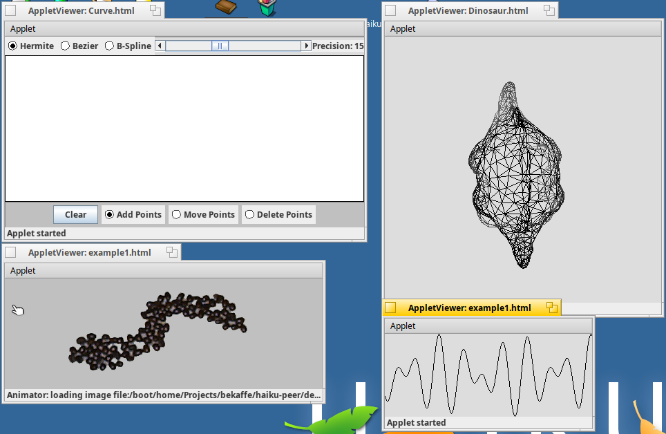 Curve, Dinosaur wireframe, Animator and SimpleGraph applets on Haiku
