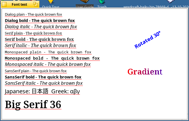 Font test window with Haiku fonts, rotated text and gradient text